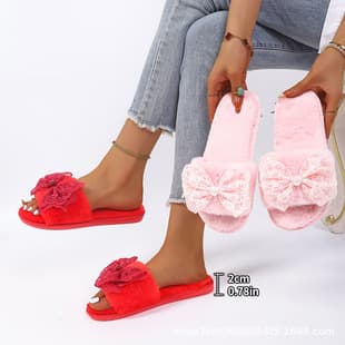 Cross-border Lace Bow Pearl Plush Slide Sandals for Women, Faux Rabbit Fur Home Fuzzy Slippers, Bride Wedding Party