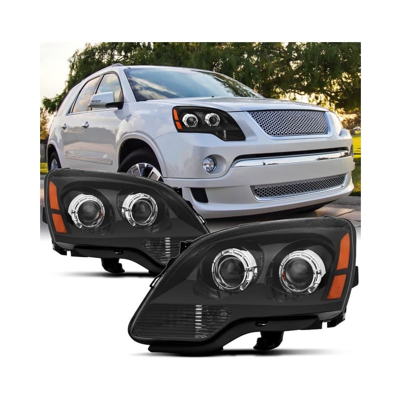 Compatible with 2007-2012 GMC Acadia Black Amber Halogen Headlight Assembly
