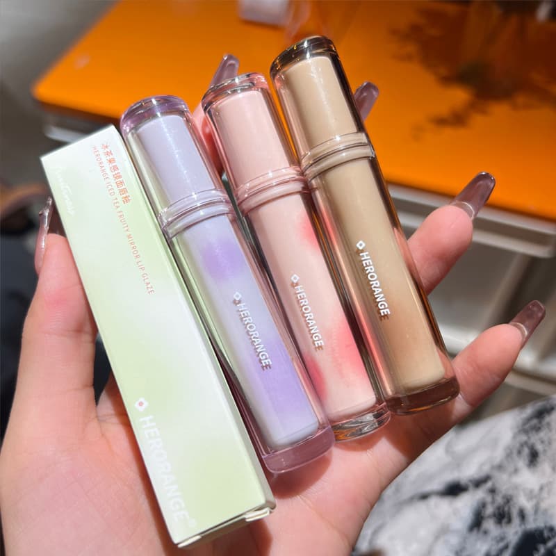 HERORANGE~Iced Tea Fruity Mirror Lip Glaze, Long-Lasting, Non-Fading, Film-Forming, Transparent Round Tube Glass Lip Gloss for Women
