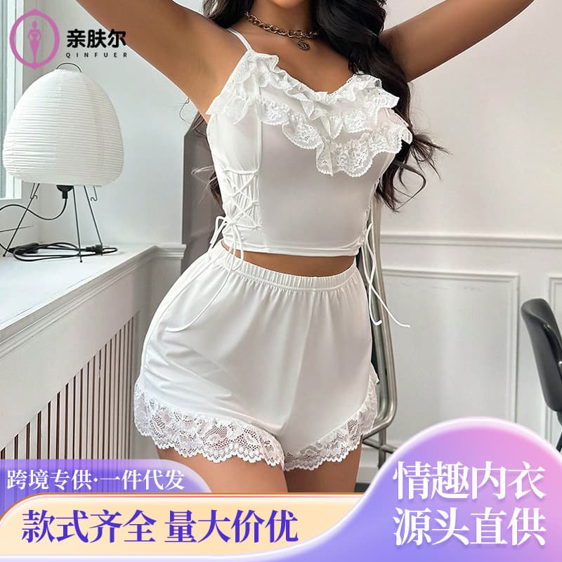 European and American cross-border women's home wear solid color sexy lace suspenders summer sexy pajamas and shorts two-piece set