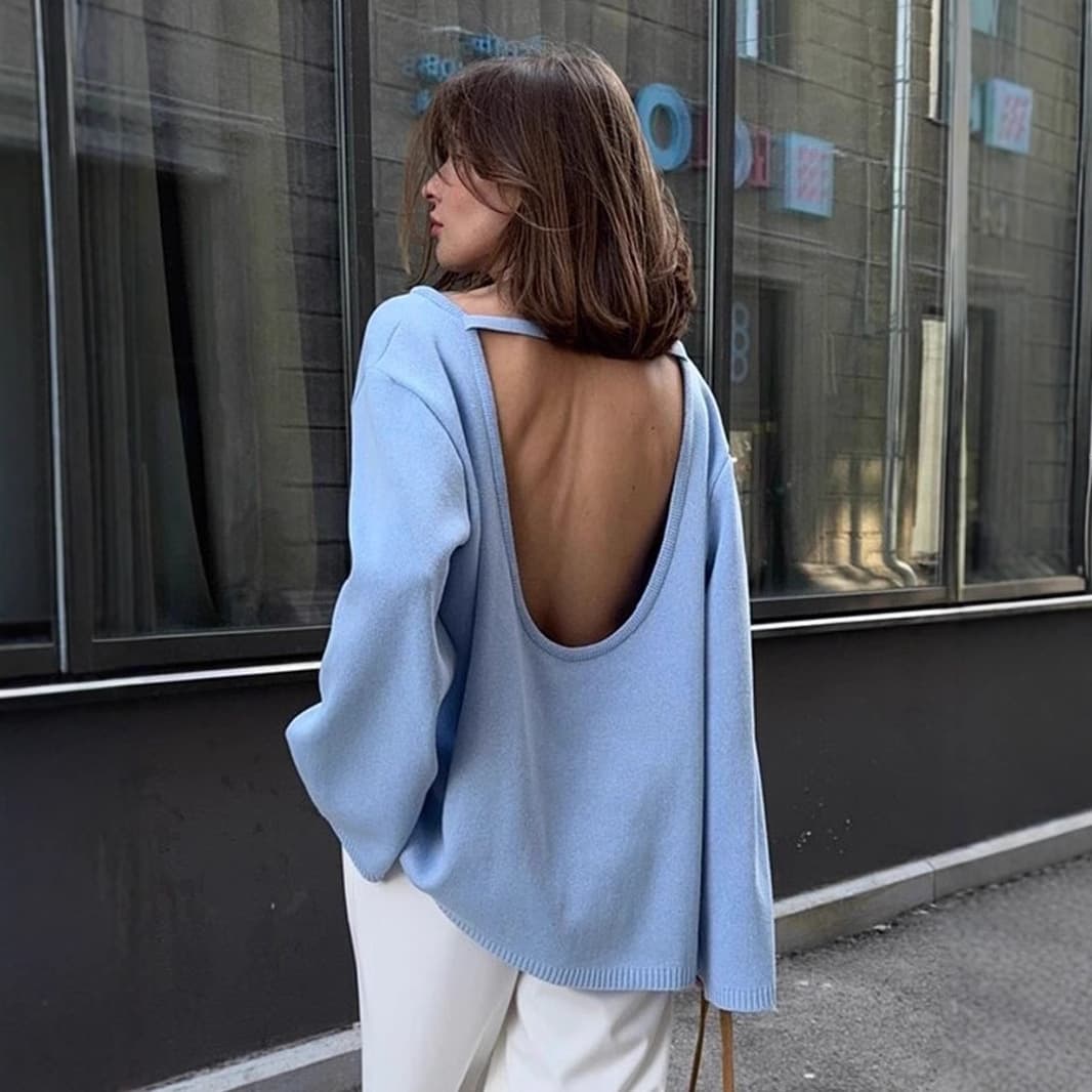 Cross-border Pure Cotton Pullover Sweater, European and American 2025 Autumn/Winter New Style, Elegant Loose Lazy Sexy Backless Knit Sweater