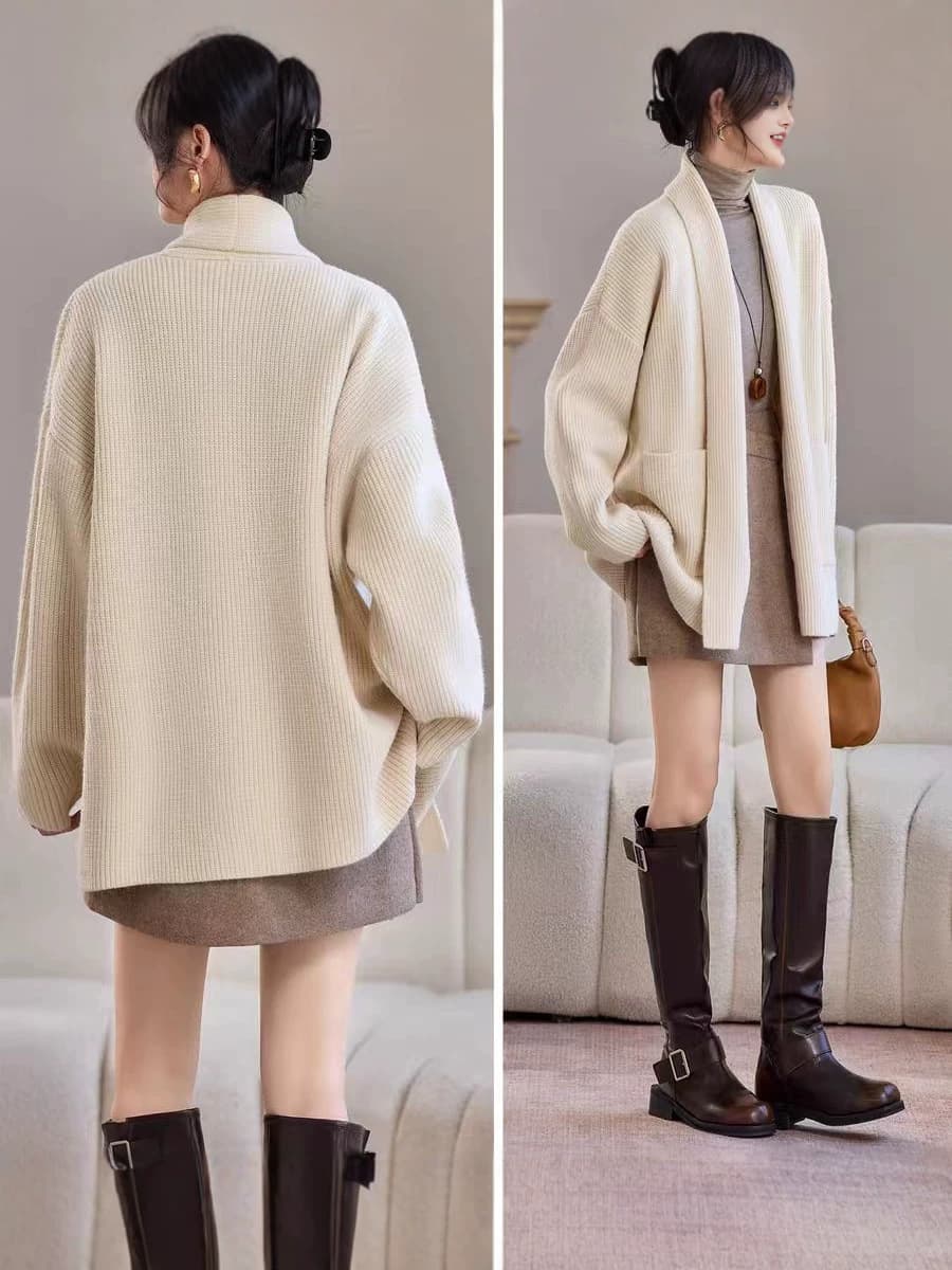 Korean-style Sheep Cashmere Mid-Length Knit Cardigan for Women 2026 Autumn/Winter New Loose Lazy Style Sweater Coat Top
