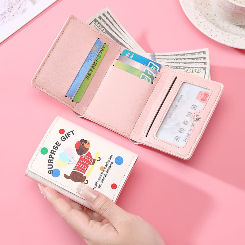 Women's Tri-Fold Wallet Large Capacity Cartoon Cute Dog Rabbit Purse Card Holder Card Case Multi-Function Coin Purse