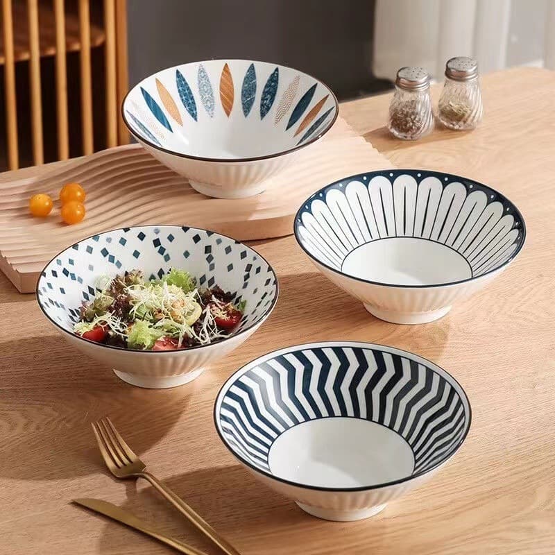 Japanese Large Noodle Bowl 8-Inch Bamboo Hat Bowl for Home, Dormitory Instant Noodle Bowl, Threaded Bowl, Nordic Creative Ceramic Bowl