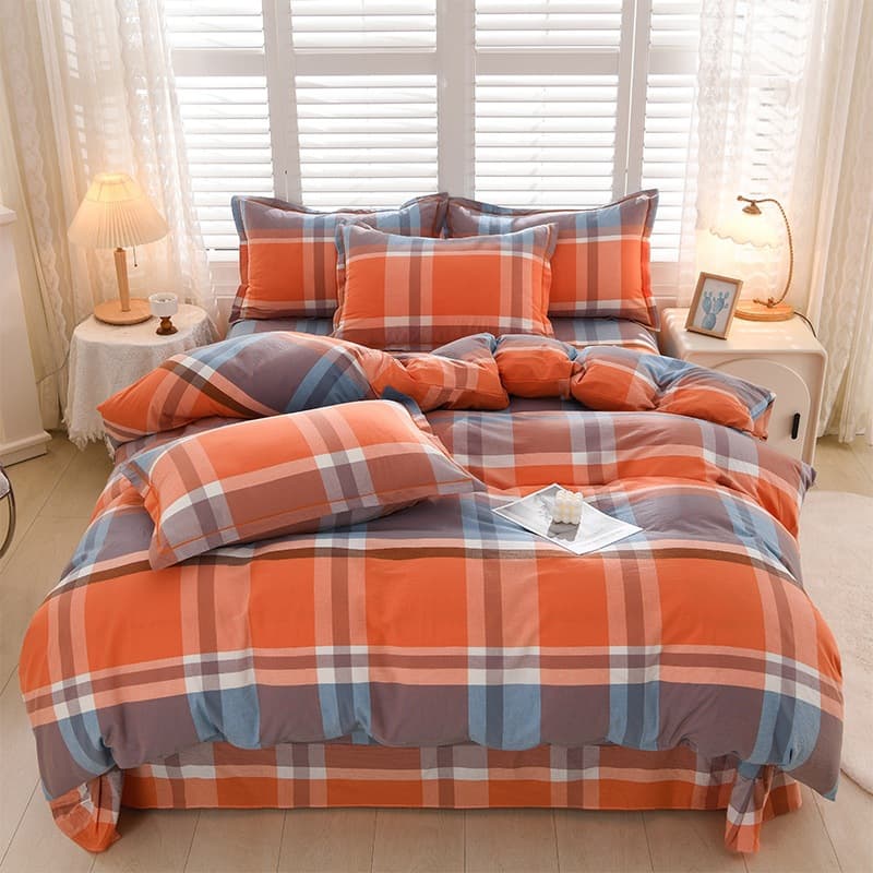 Pure Cotton Washed Cotton Four-Piece Set Three-Piece Set Cotton Duvet Cover Sheet Plaid Simple Bedding Set