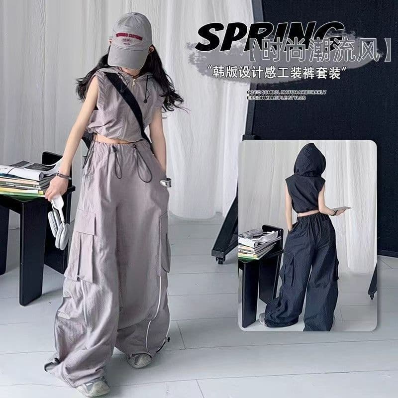 New 2025 trendy and cool mid-to-older girls' quick-dry two-piece set with sleeveless cargo wide-leg pants