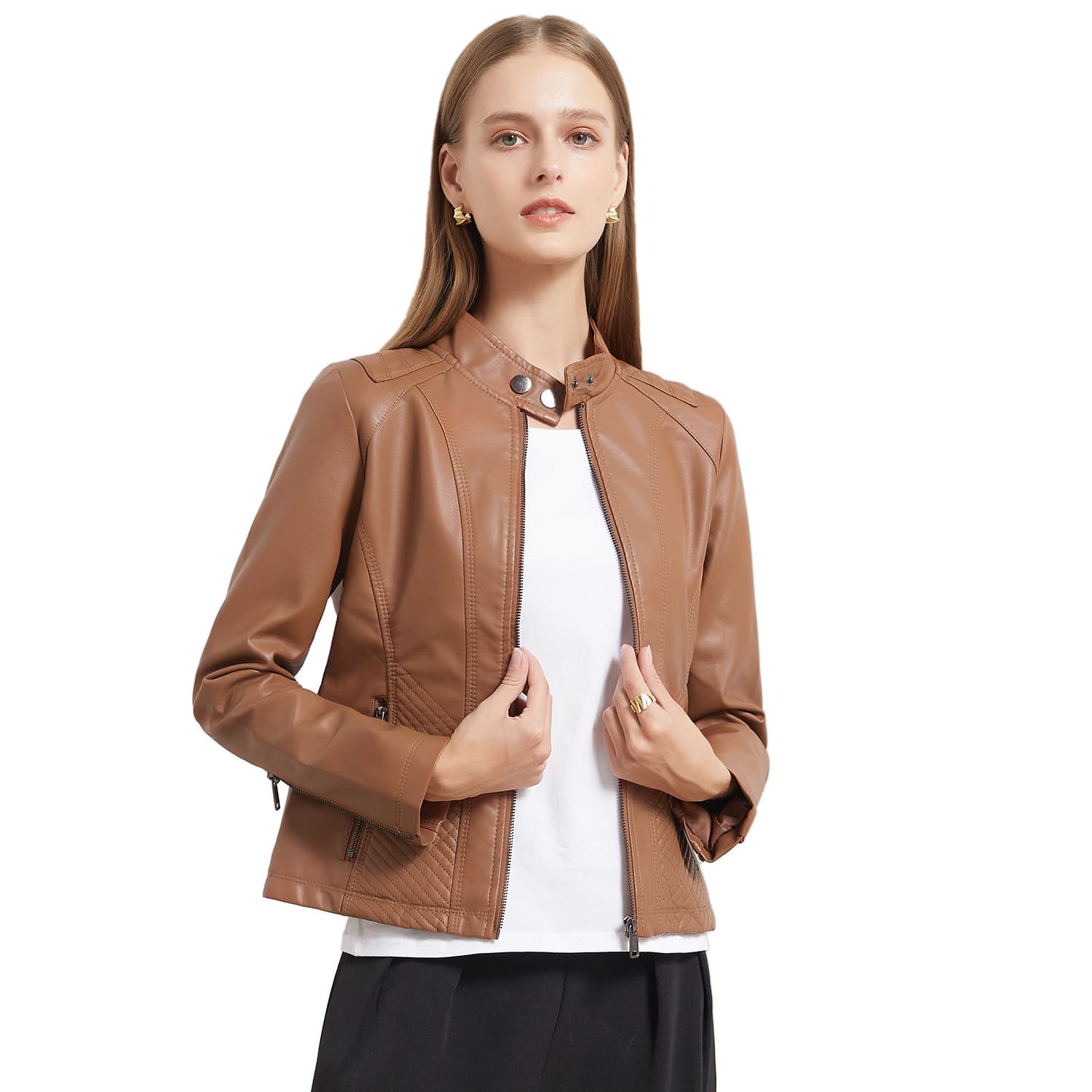 New Autumn/Winter Casual Leather Jacket for Women, Simple European and American Trendy Thin Long-Sleeve Motorcycle Coat, Women's Export Clothing