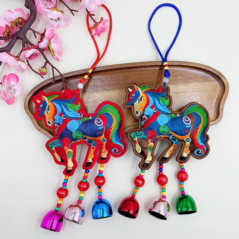 New Year Embroidered Sachet with Horse Tassel Pendant, Zodiac Horse Bell Ornament, Home and Car Horse Pendant, Spring Festival Gift