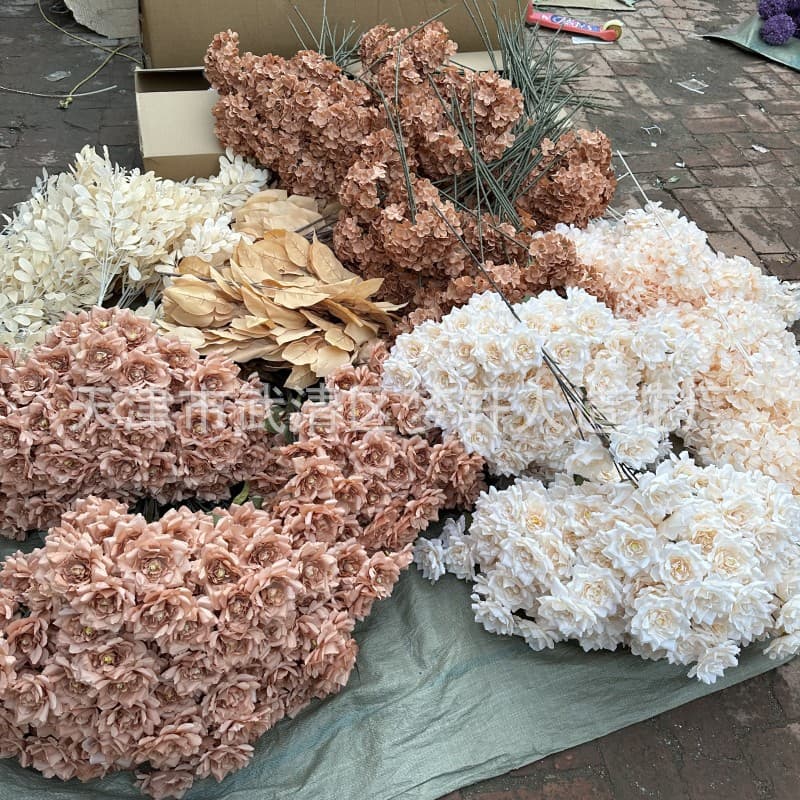 Wedding Coffee Caramel Color Artificial Flowers Maillard Color Scheme Single Hydrangea Road Guide Flower Arrangement Background Decorative Foliage