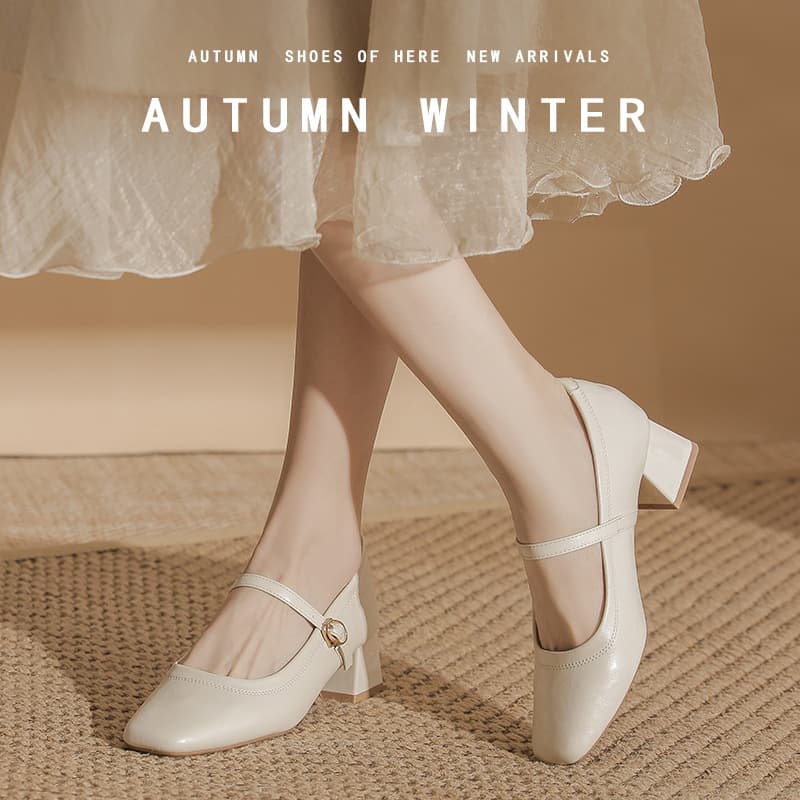 Ultra Soft! Genuine Leather French Low Heel Square Toe Mary Jane Shoes for Qipao, Work, Commute, Women's Dress Shoes in Off-White