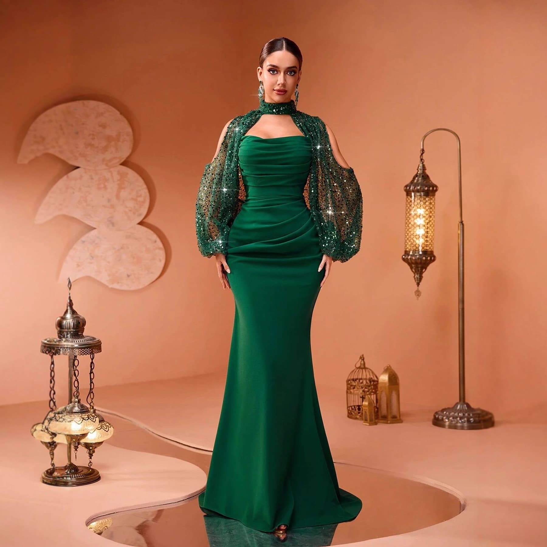 Foreign trade new style green evening dress light luxury dress heavy industry high-end host banquet Europe and America