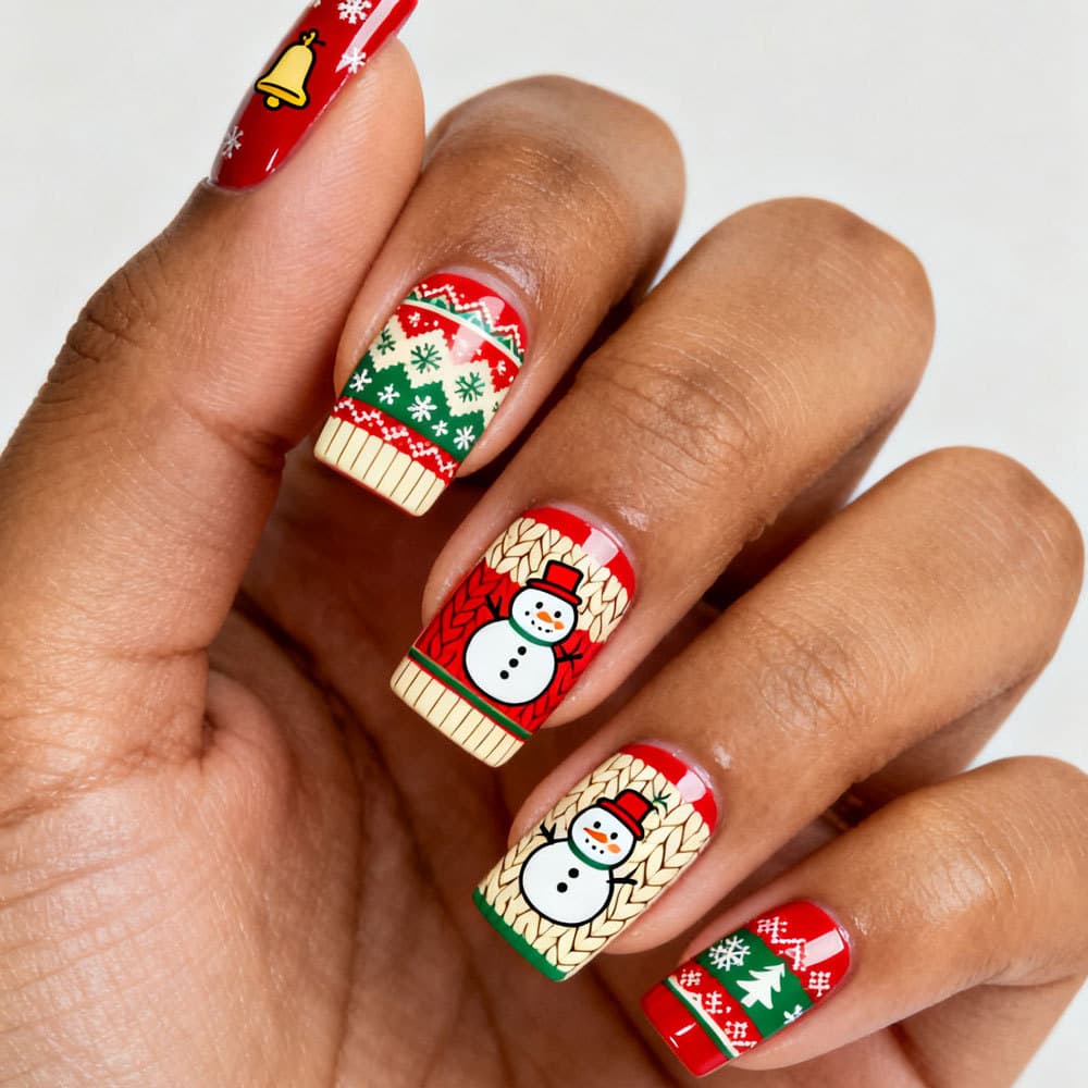 Christmas Wearable Nails Snowman Bell Nail Art Medium Long Square Retro Cute Festive Detachable Fake Nails