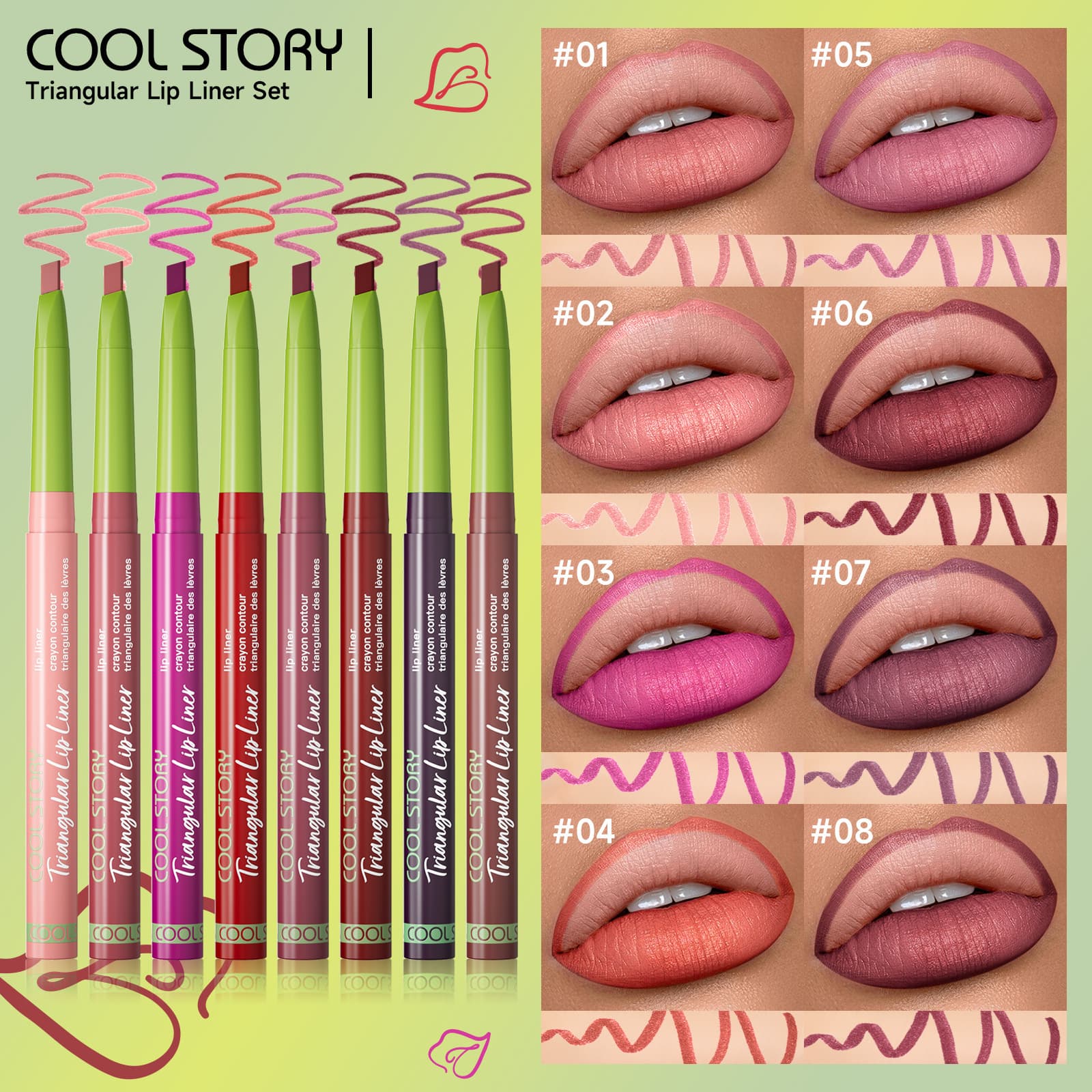 Cross-border Matte Lip Liner Set, Smooth Lip Peak Contour, Waterproof and Color-locking, European and American Multi-Color Lip Liner