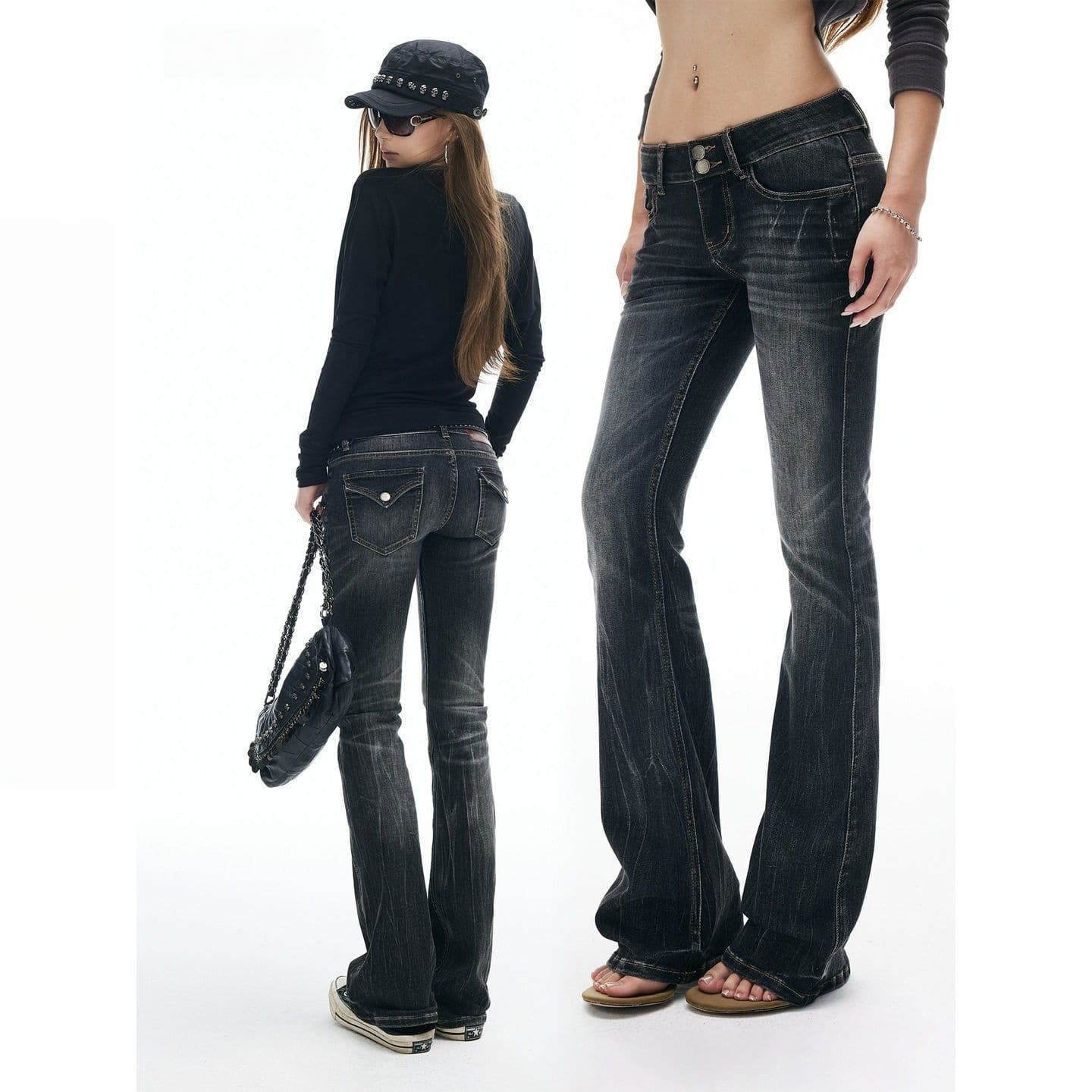 2026 Autumn Cotton-Touch Slub Texture Vintage Heavy-Wash Gradient Lightning Print Stretch Flared Women's Jeans