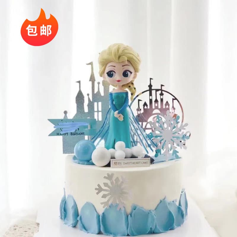 Princess Elsa Cake Decoration Figurine Girl Ice Princess Elsa Cake Topper Castle Snowflake Insert Card