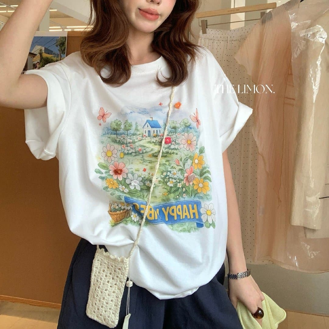 THE LEMON Lemon Green Tea 2026 Summer Printed Round Neck Short Sleeve T-Shirt Women's Loose Casual White Top