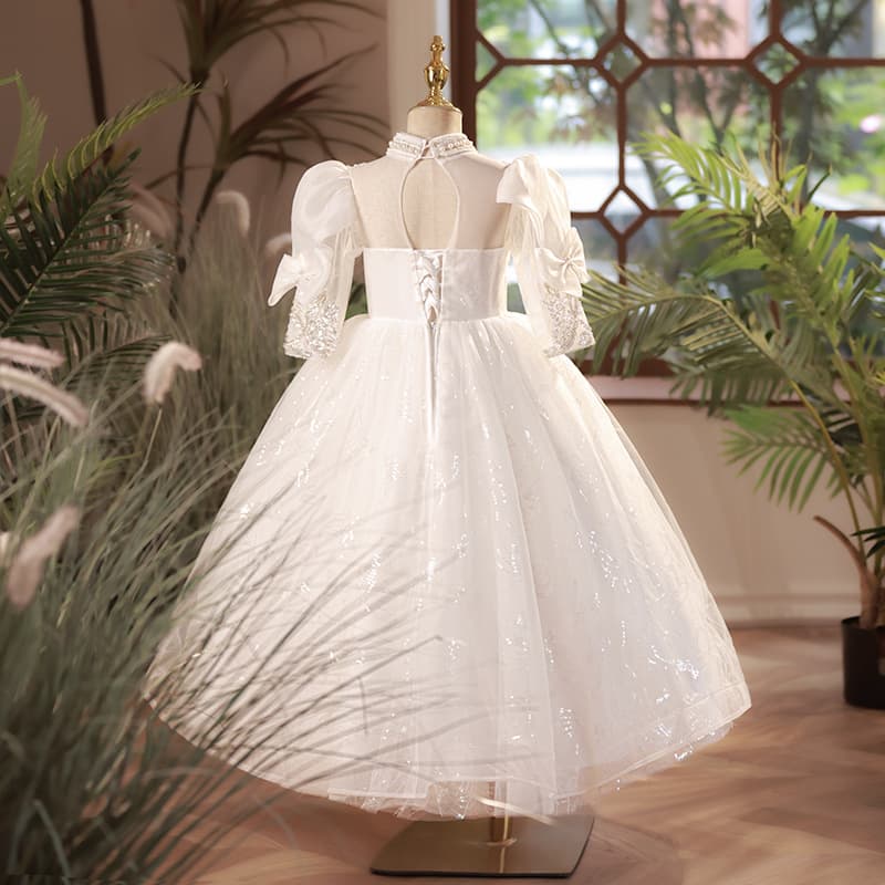 New Long-Sleeve Girls' Formal Dress, Elegant White Flower Girl Wedding Tutu Princess Dress, Children's Annual Performance Hosting Costume