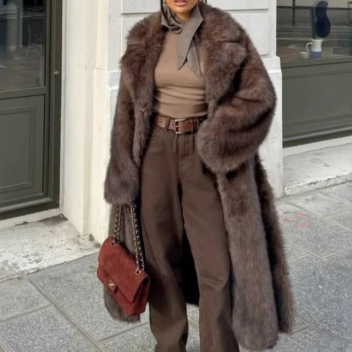Winter Brown Fur Coat Long Vintage Shawl Collar Faux Fur Coat, High-End Fox Fur Coat for Women