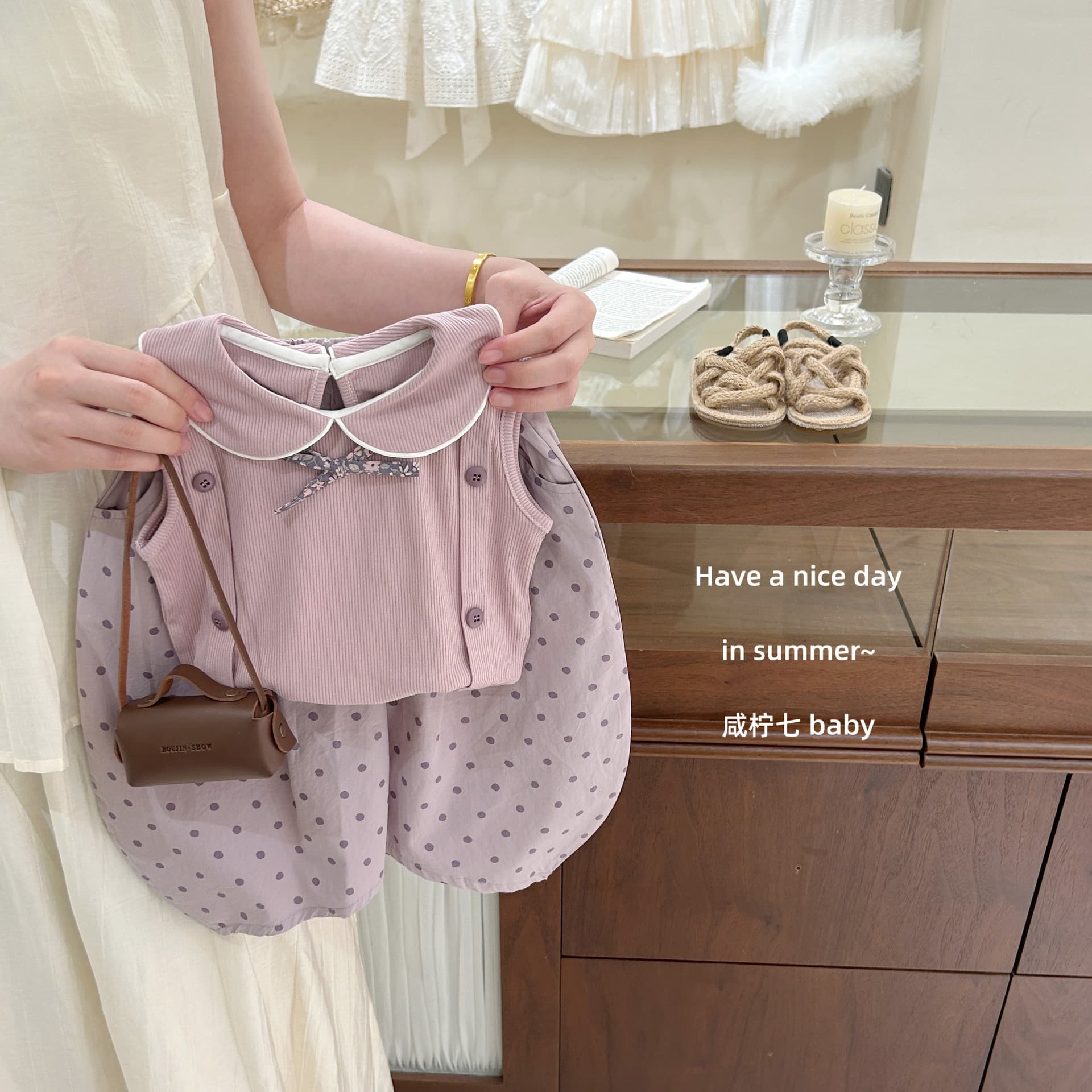 【Xian Ning Qi】Grape Bubbling! Korean-Style Girls' Summer Outfit with Doll Collar Vest Top and Polka Dot Bell-Bottom Pants