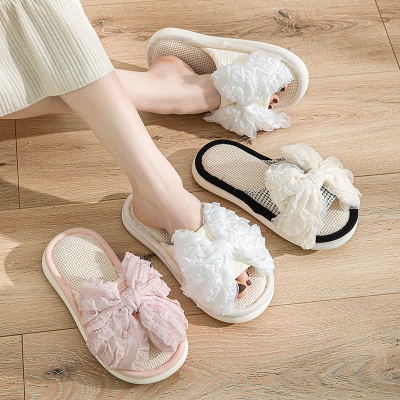 Cross-border Amazon Bow Linen Slippers Indoor Summer Casual Home Slippers for Women Cotton Linen Slippers