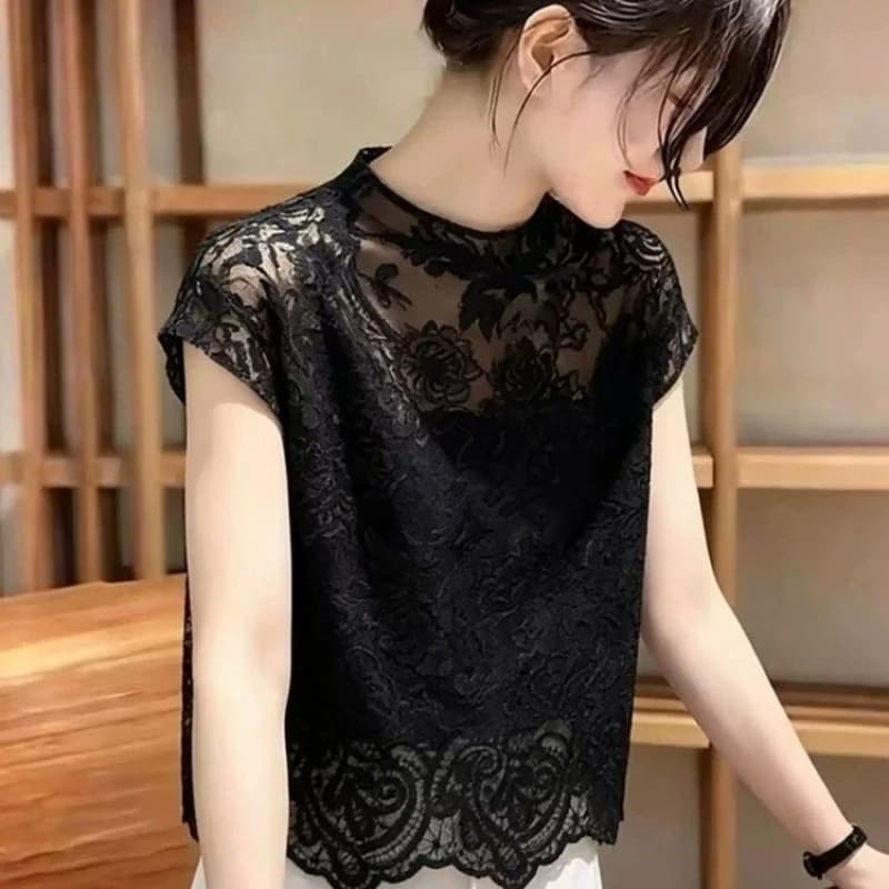 Fashionable Slimming French High-End Korean-Style Designer Short-Sleeve T-Shirt Summer New Exquisite Lace Top