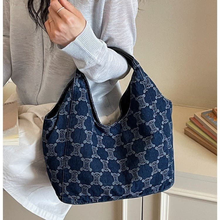 Cross-border Casual Denim Bag Large Capacity Commuter Shoulder Bag Simple Printed Handbag Tote Bag Underarm Bag