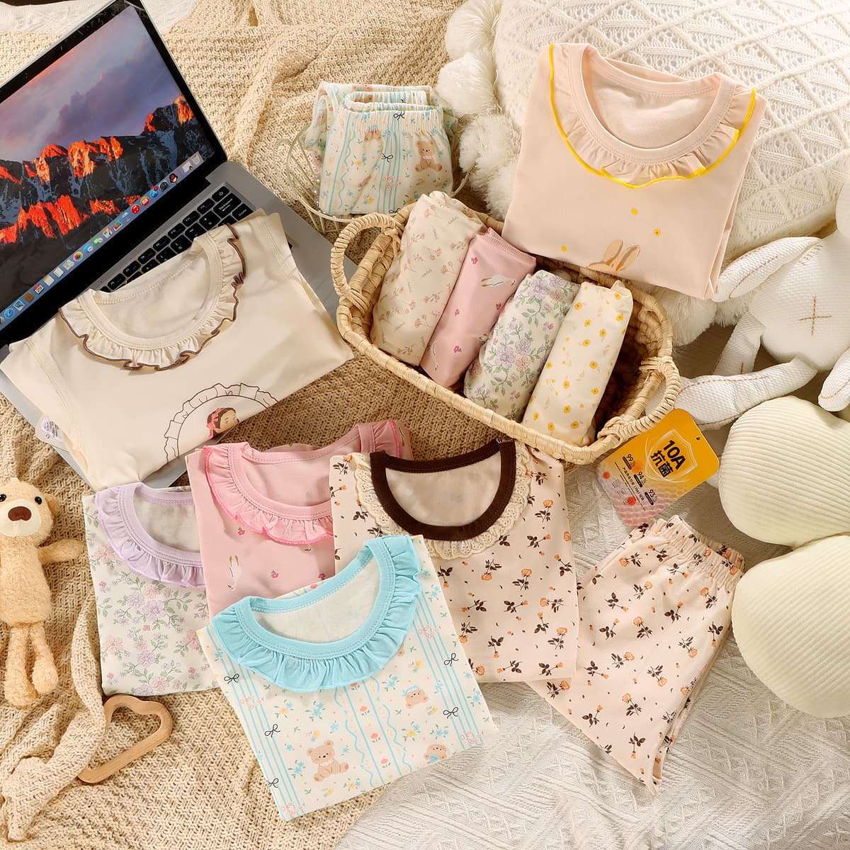 [Custom] Children's Cotton Pajama Set for Girls and Boys, Cartoon Long-Sleeve Sleepwear, Summer Air Conditioning Outfit