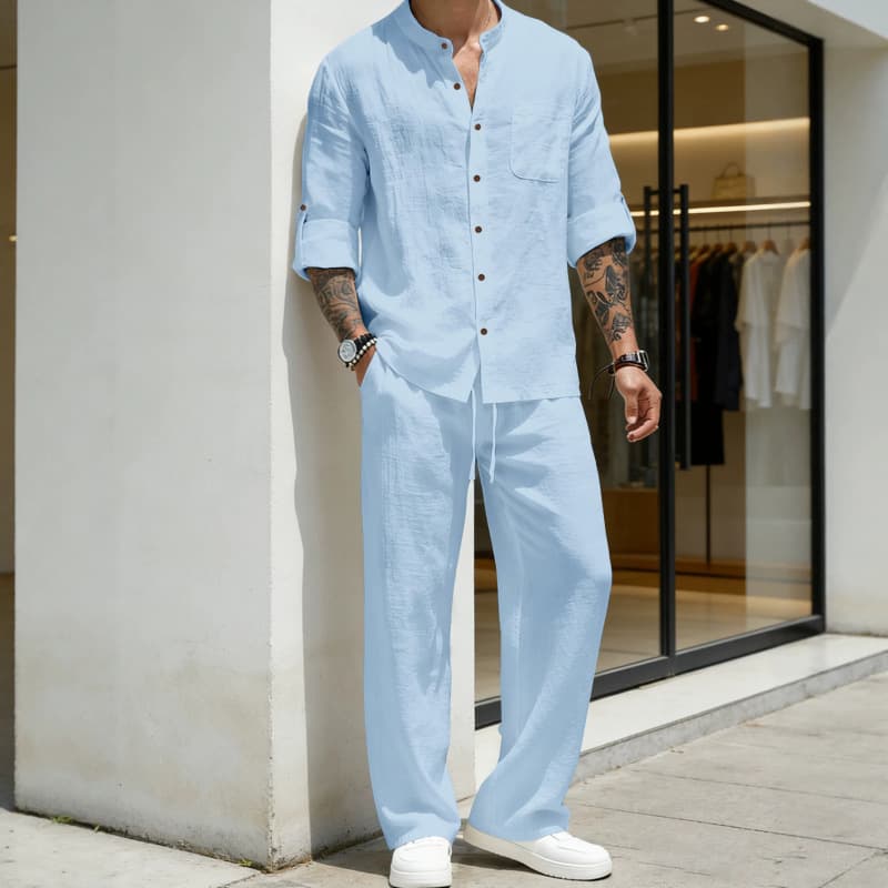 Cross-Border Fall New Arrival Best-Selling 3D Print Casual Plain Long-Sleeve Shirt and Pants Set