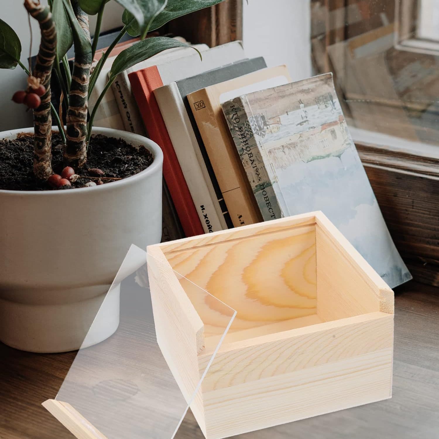 Transparent Gift Box Wooden Clear Piggy Bank Display Box Money Box Wooden Frame Coin Box Cash Storage Box