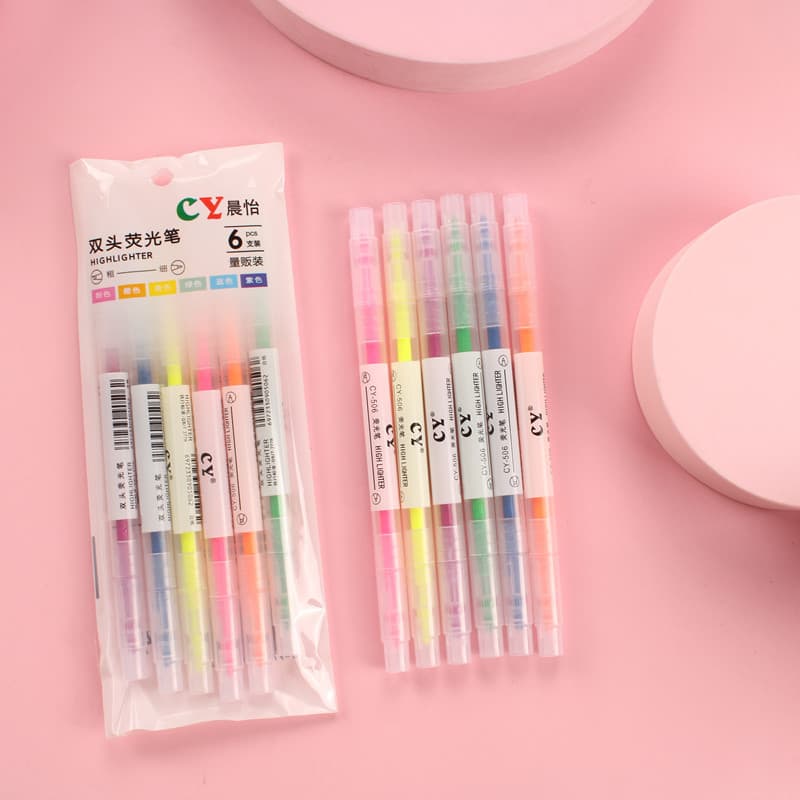 6 bags of highlighter pens, double-ended color pens, thick and thin marking pens, bright-colored pens, student classroom recording pens