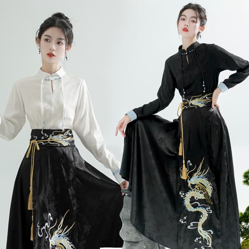 New Chinese Style National Fashion Simple Embroidered Top Improved Elastic Waist High-End Socialite Lady Horse-Face Skirt with Waistband Included