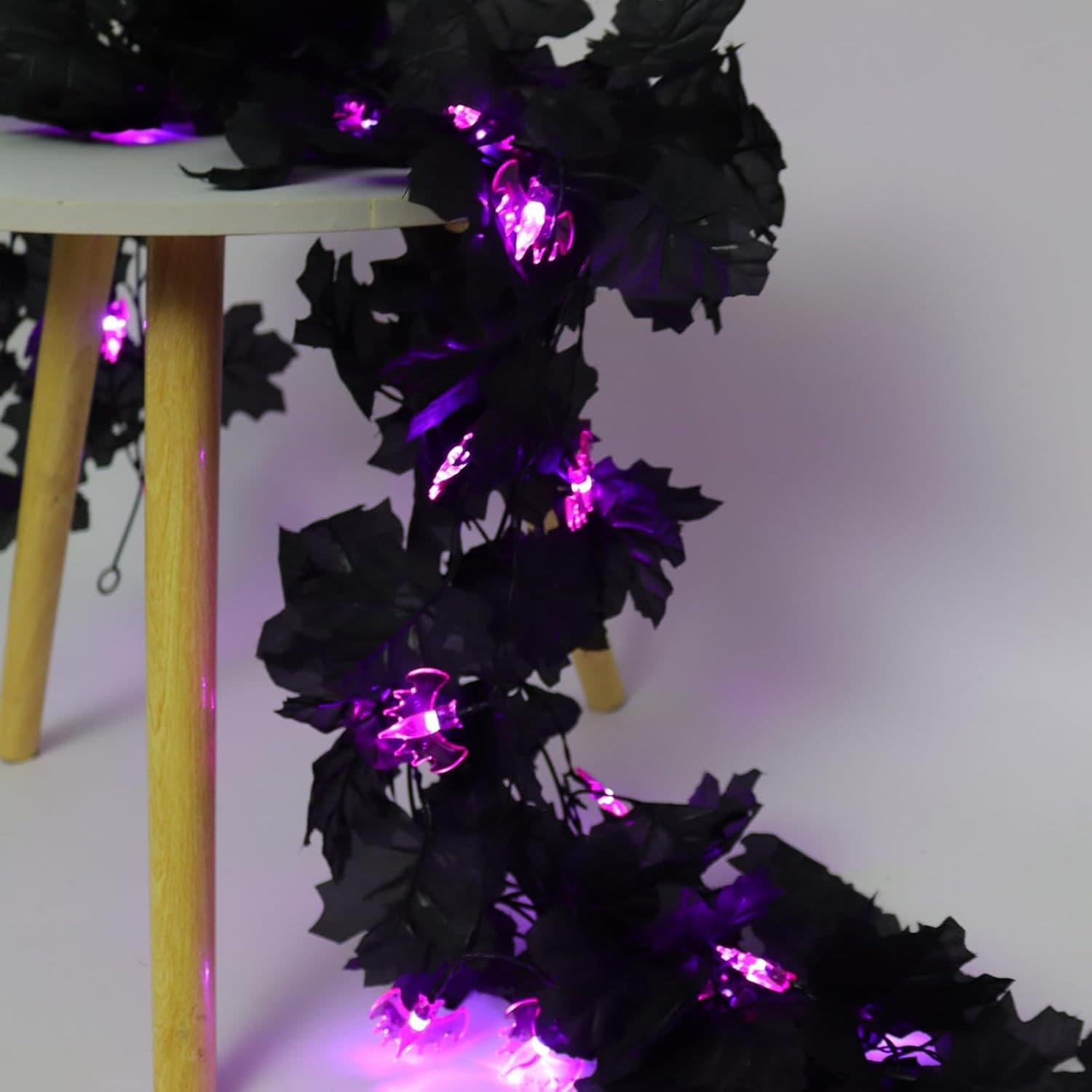 New simulated Halloween maple leaf and vine string lights, black maple leaf and purple bat LED Halloween decorative string lights.