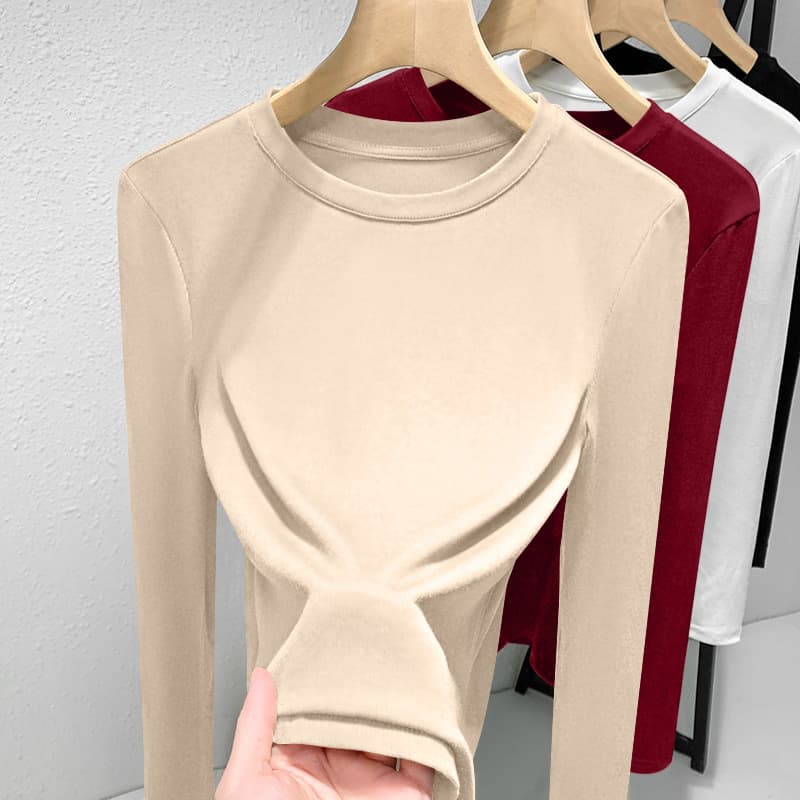 Threaded Velvet Bottoming Shirt New Round Neck Long Sleeve T-Shirt Women's Simple All-Match Autumn and Winter Fleece-Lined Cold-Proof Warm Jacket
