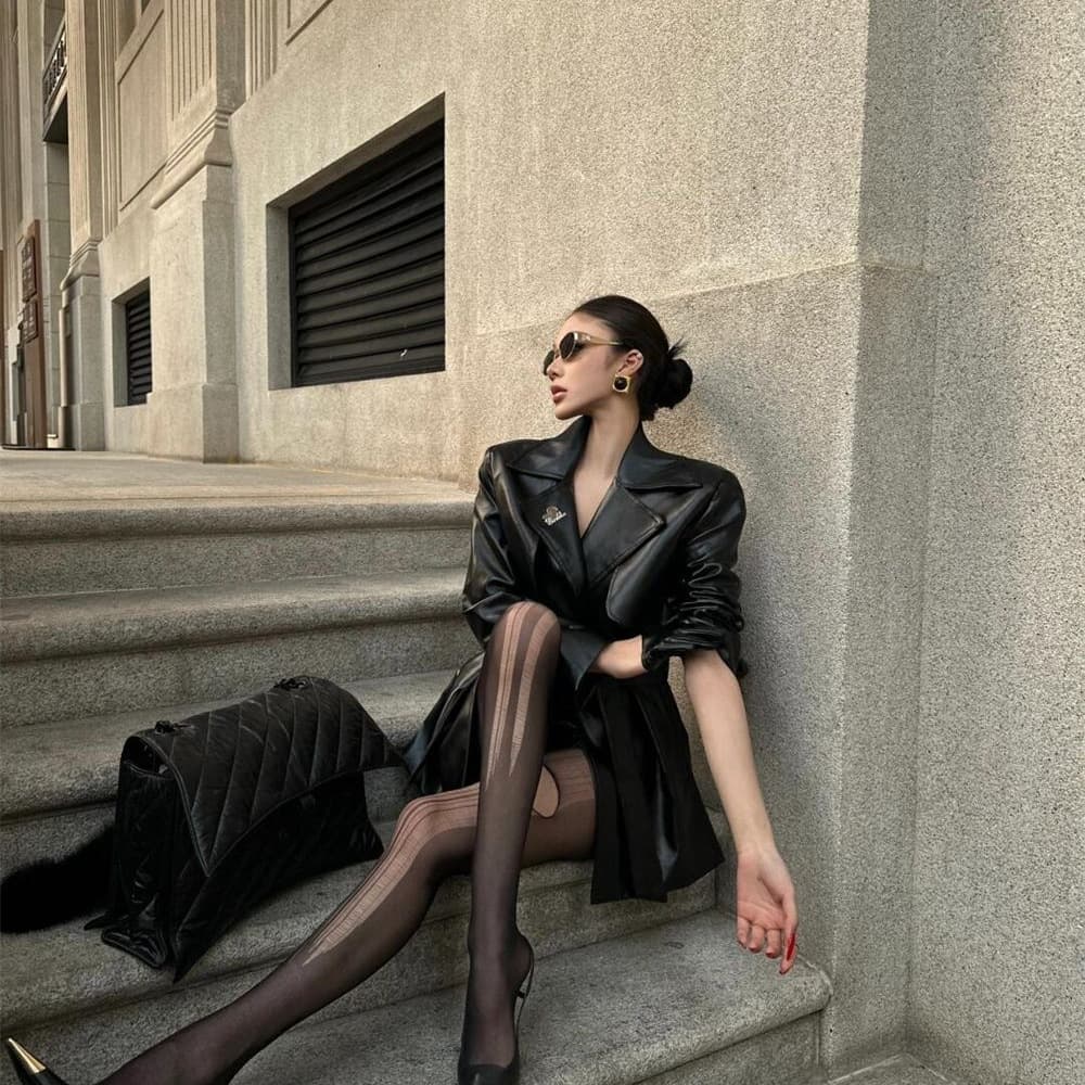 Fashionable Mature Woman Leather Jacket for Women Autumn Winter New Tie-Waist Mid-Length Coat Top