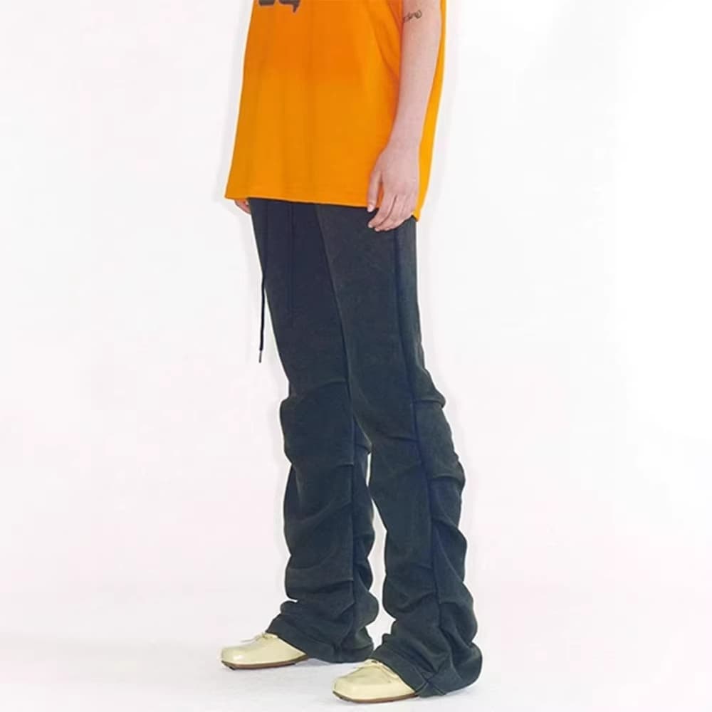 Current - Correct Version Korean Style 26 New Arrival Slight Flare Slim Fit Pleated Stacked Washed Faded Drawstring Casual Pants