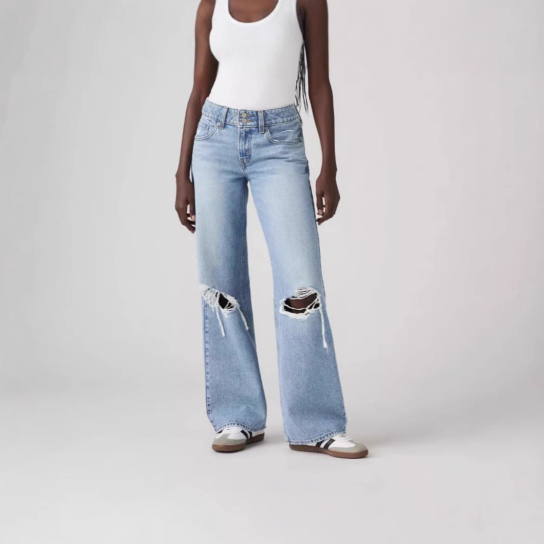 New European and American Cross-Border Fashion Distressed Knee Jeans for Women, High-Waist Wide-Leg Long Pants, Light Color Casual Trousers Trend