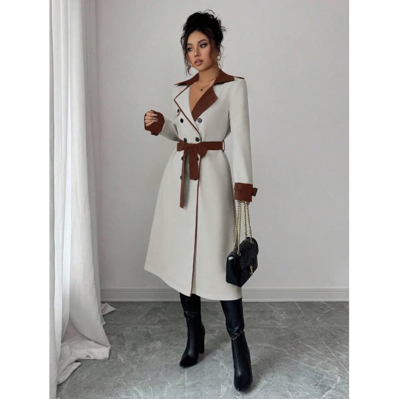 Cross-border Amazon European and American Fall/Winter New Double-Breasted Belted Waist Elegant Long-Sleeve Mid-Length Trench Coat for Women