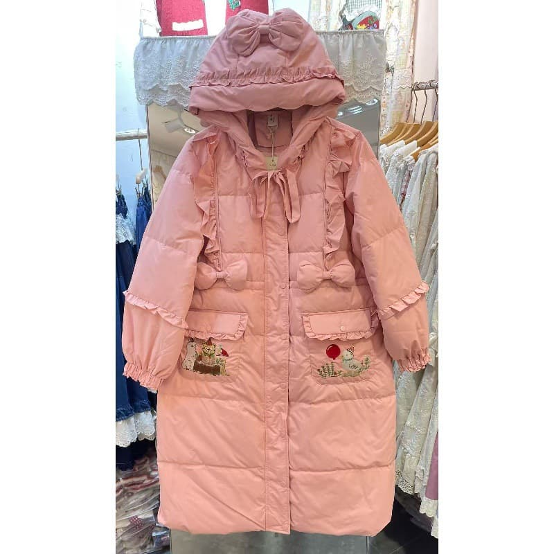 2025 Winter New Heavy Embroidery Bow Hooded Thickened Warm White Duck Down Mid-length Down Jacket for Women