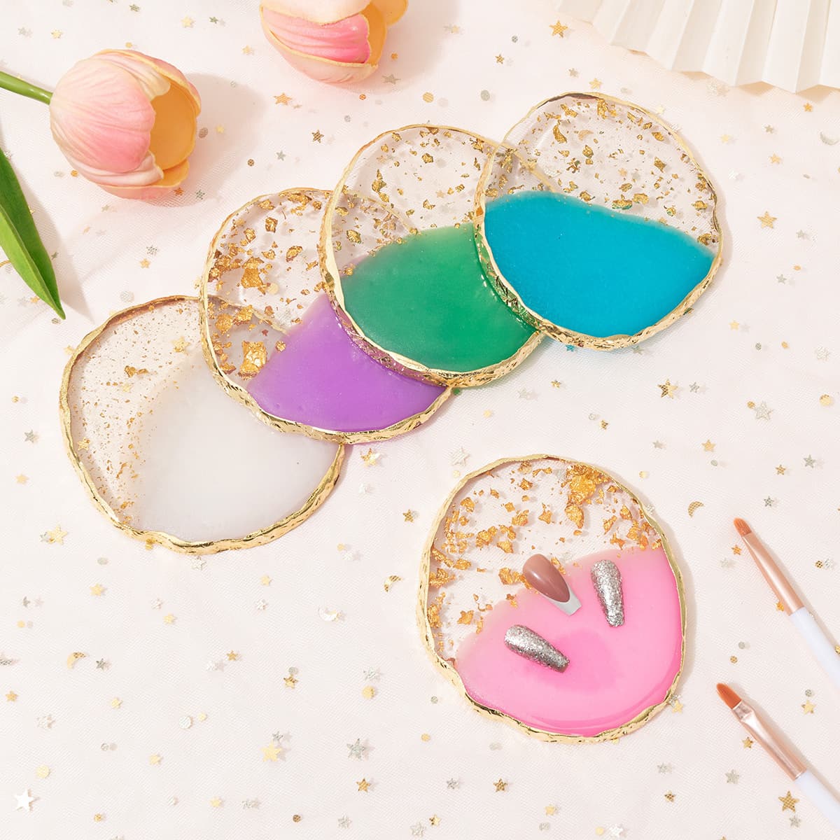 Nail Art Round Gold Foil Shimmer Resin Nail Art Palette Resin Imitation Natural Agate Nail Art Display Board Nail Art Palette