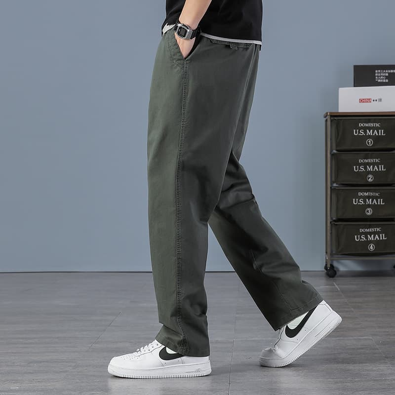 Cross-Border Men's Summer Thin Casual Pants, Plus Size Cargo Pants, European Size Loose Fit Long Pants, Pure Cotton Straight Leg Elastic Waist