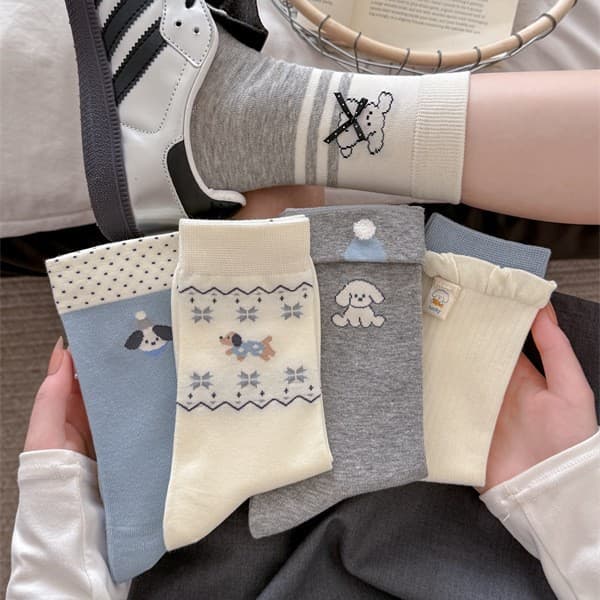 Cartoon Puppy Socks for Women Mid-Calf Spring Autumn Korean Style Cotton Socks with Bow Decoration Women's Socks Ins Trendy Seamless Socks