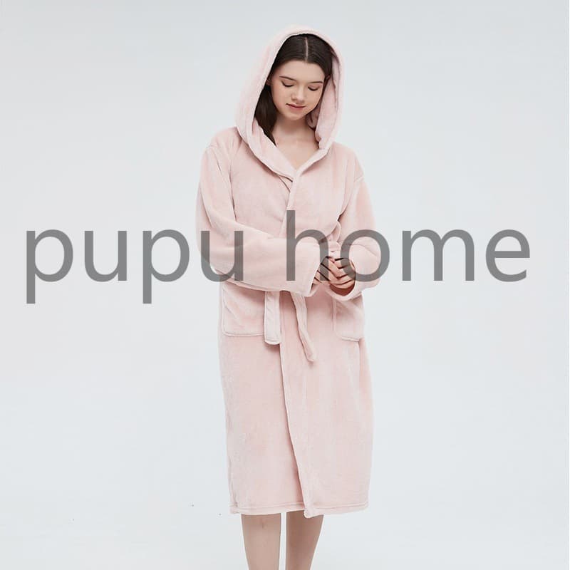Thickened Flannel Sleep Robe Couple Matching Solid Color Hooded Sleepwear Casual Comfortable Home Leisure Polyester Fiber