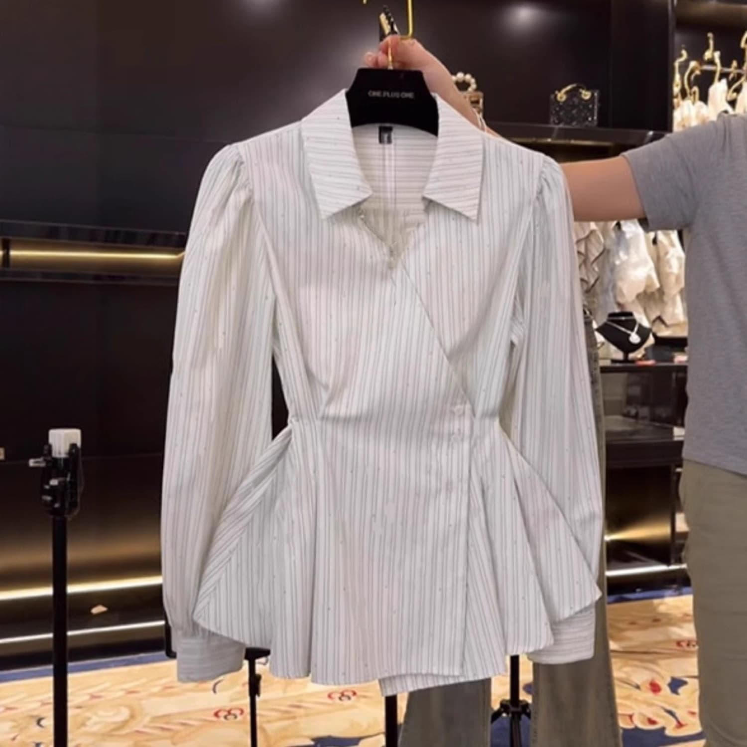 Chic Unique Waist-Tightening Slimming Shirt Women Autumn New Fashion Design Contrast Stripe Long Sleeve Top Women Trend
