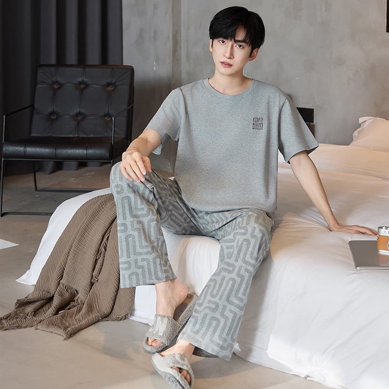 Cotton Pajamas Men's Summer Short Sleeve Long Pants Thin Teenagers Spring/Autumn Can Be Worn Outside Homewear Set