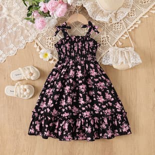 Young Girl Floral Print Smocked Strap Bow Ruffle Dress