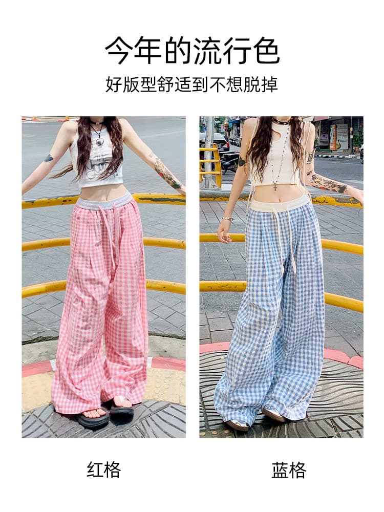 Pink Plaid Wide-Leg Pants for Women Summer 2026 New High-Waist Flowy Straight-Leg Casual Pants Loose Slimming Yohji Pants