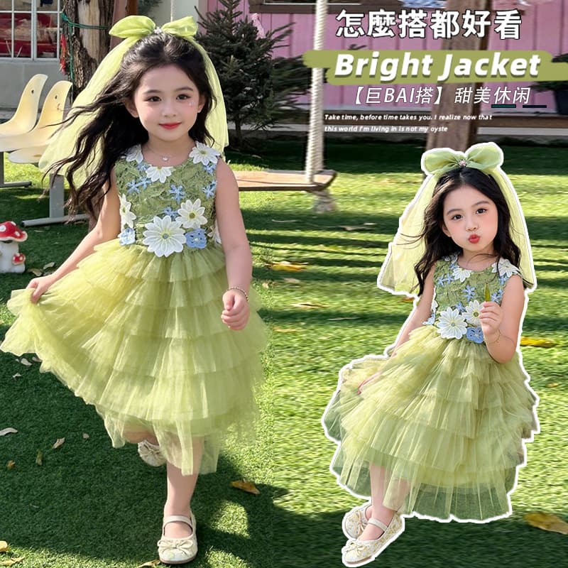 Girls' Sleeveless Mesh Dress Summer Children's Vest Cake Dress Birthday Princess Dress Midi Tutu Dress