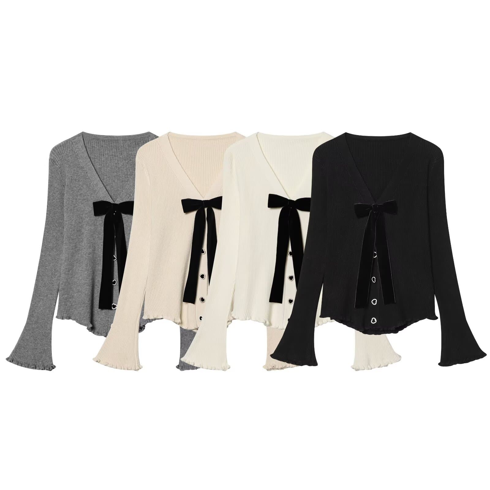 2026 Summer New Women's Fashion Elegant Bow Heart Button Flared Sleeve Knit Cardigan