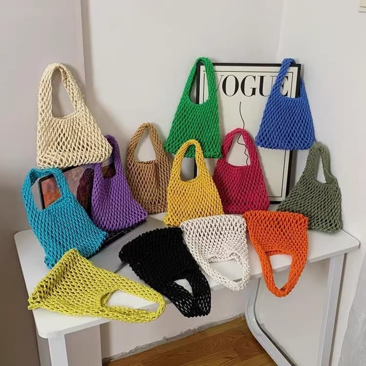 Handwoven Candy Color Cotton String Bag Summer New Parent-Child Bag Handbag Fishing Net Bag Picnic Bag