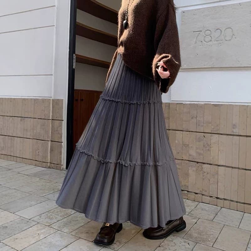 Autumn/Winter Plus Size Knit Midi Skirt Women French Gentle Drape Ruffle Hem Mid-Length Wool Skirt Large Swing Long Skirt
